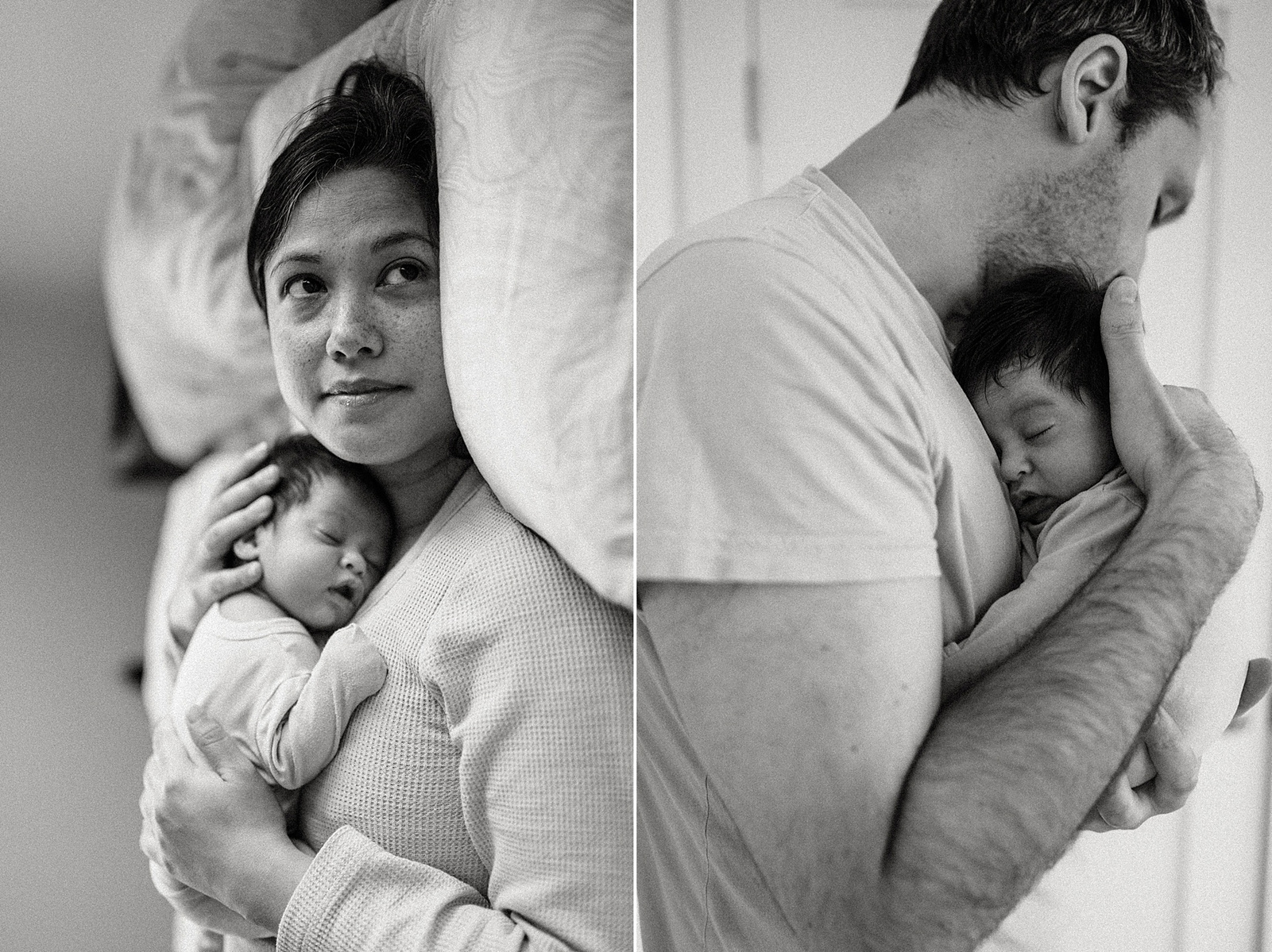 Two photos of a newborn held by Mom and Dad in black and white during an arlington ma baby photography session
