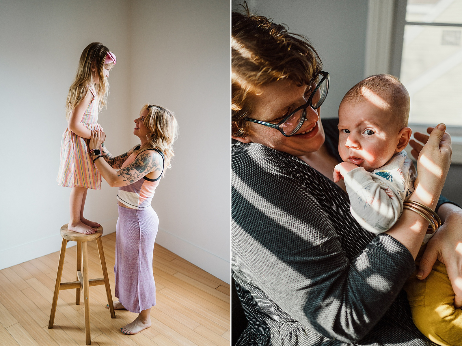 two images of mothers with their young children during their boston family photography sessions