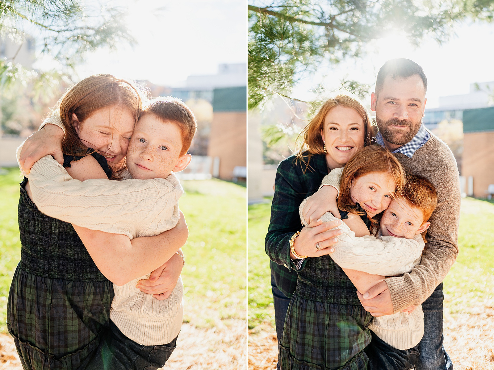 a family posing in sunlight on the MIT campus by boston family photographer korri leigh photography