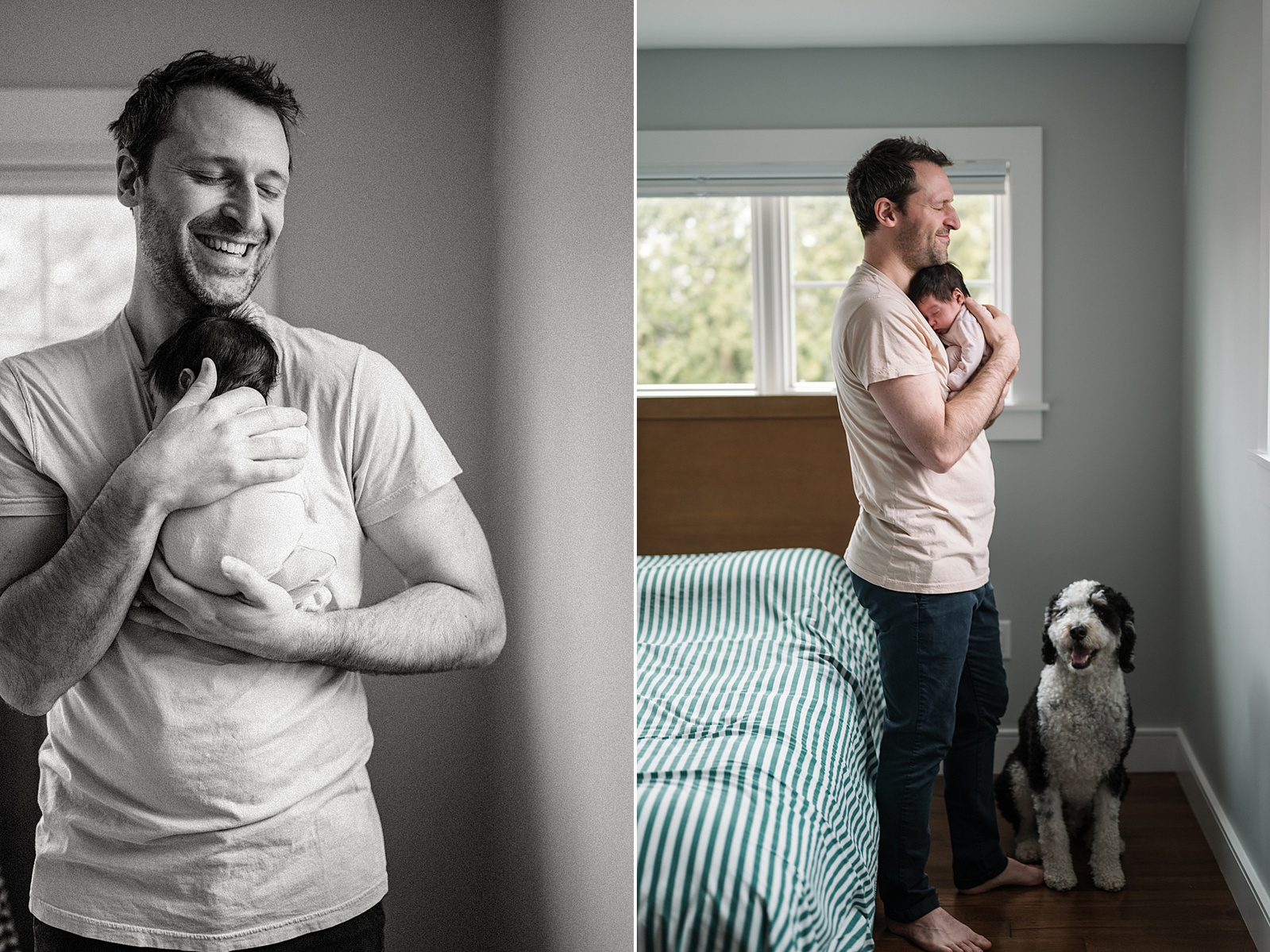 Dad smiles while holding his daughter  during an arlington ma newborn photography session