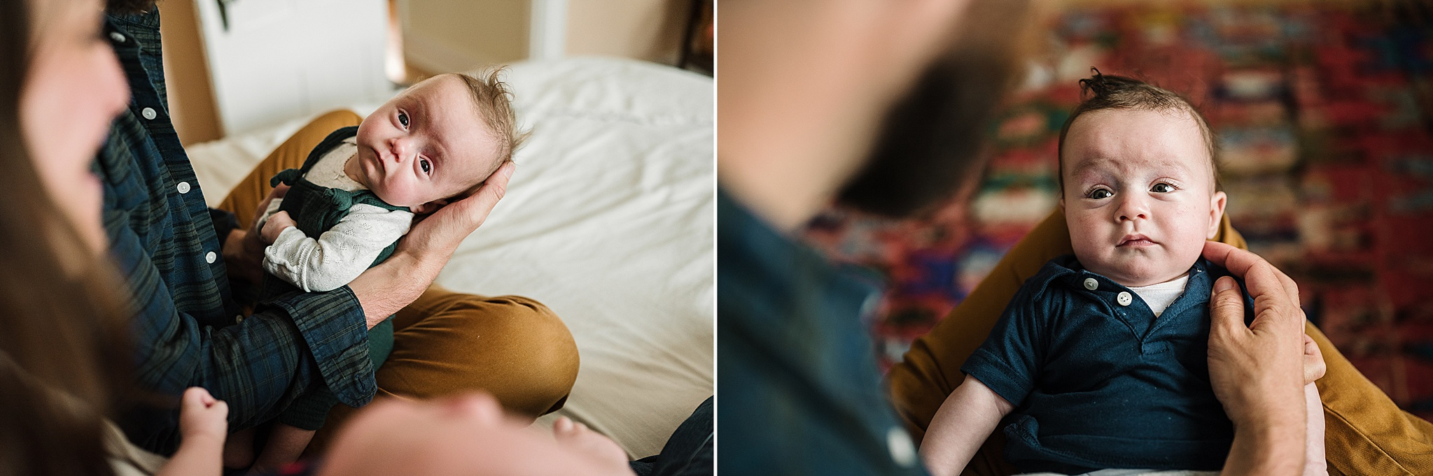 Newborn twins lay on their backs and look up at the camera