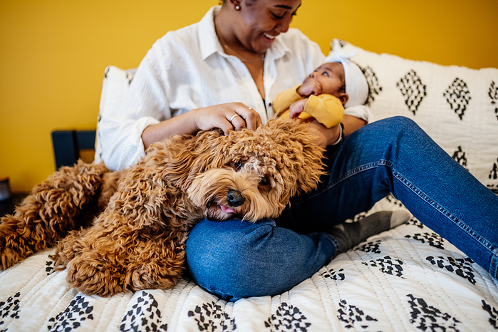 A floppy tan dog reclines on the legs of black mother holding her newborn on a bed in front of a yellow wall