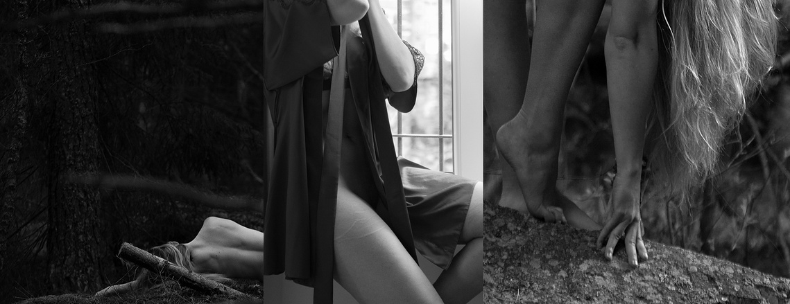 Black and white boudoir photography - nude yoga, Fleur of England lingerie, Sweden forest. 