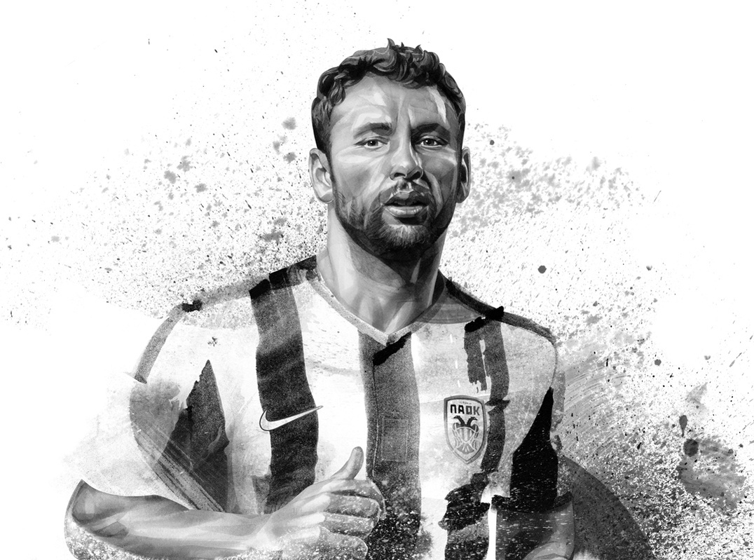 HelloVon Studio www.hellovon.com, leading portrait illustrator. PAOK Football Cover. Contemporary illustration, power, sport, modern, motion, movement, brush, colour, painting, ink, watercolour, celebrity, icon, hero, iconic.