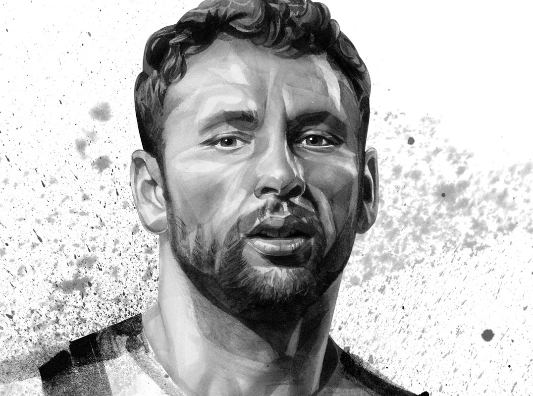 HelloVon Studio www.hellovon.com, leading portrait illustrator. PAOK Football Cover. Contemporary illustration, power, sport, modern, motion, movement, brush, colour, painting, ink, watercolour, celebrity, icon, hero, iconic.