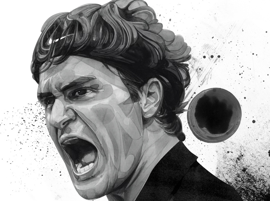 HelloVon www.hellovon.com London Von — Roger Federer. Nike apparel. Tennis US Open 2009. Sport portrait illustrator, sport art, contemporary, modern, painting, ink, watercolour, speed, celebrity, icon, hero, iconic.
