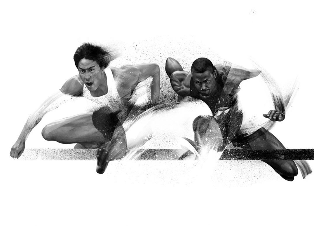 HelloVon www.hellovon.com London illustrator Von — Liu Xiang , David Oliver, Large Nike mural. Sport, action, sports art, contemporary, modern, portrait, painting, ink, watercolour, speed, celebrity, icon, hero, iconic.