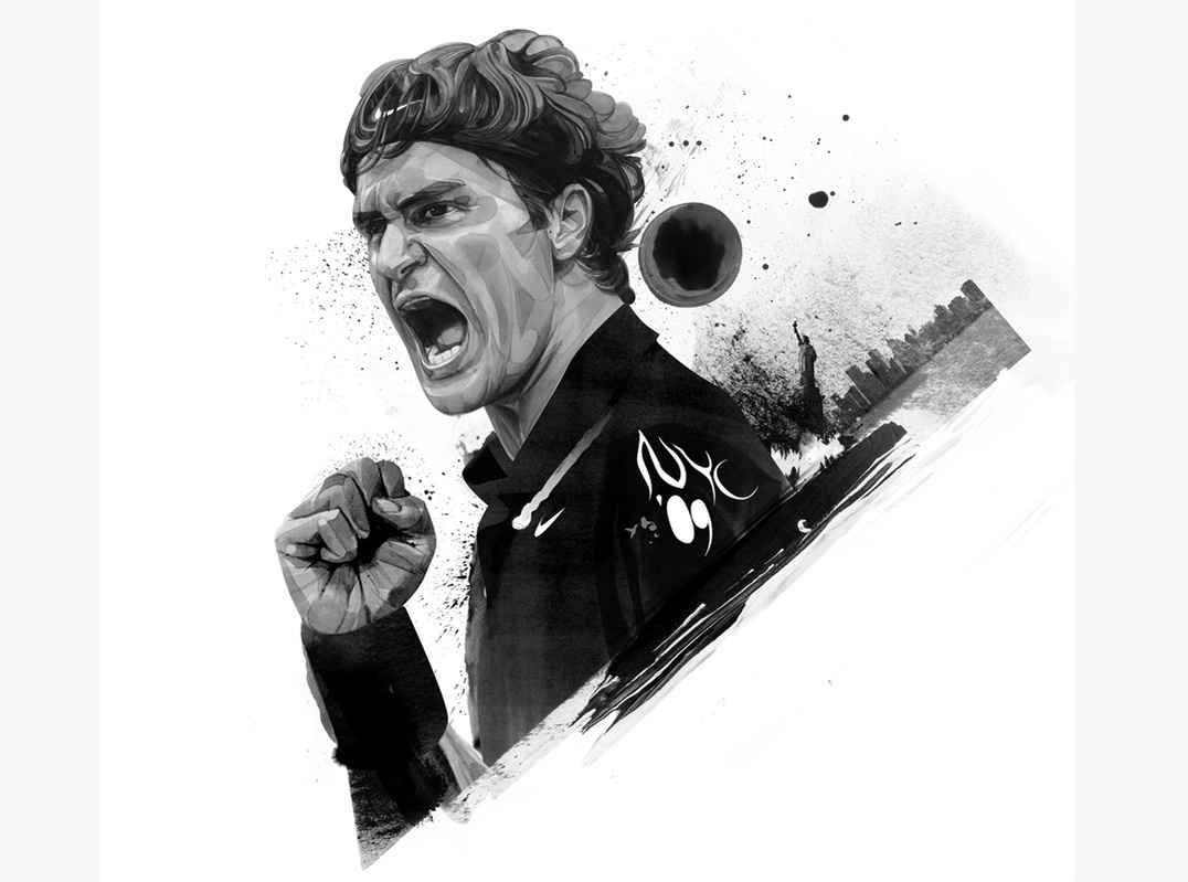 HelloVon www.hellovon.com London Von — Roger Federer. Nike apparel. Tennis US Open 2009. Sport portrait illustrator, sport art, contemporary, modern, painting, ink, watercolour, speed, celebrity, icon, hero, iconic.