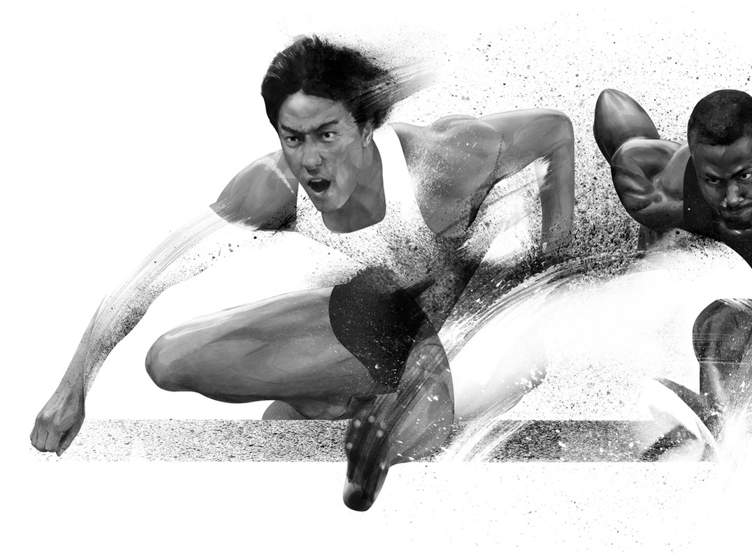 HelloVon www.hellovon.com London illustrator Von — Liu Xiang , David Oliver, Large Nike mural. Sport, action, sports art, contemporary, modern, portrait, painting, ink, watercolour, speed, celebrity, icon, hero, iconic.