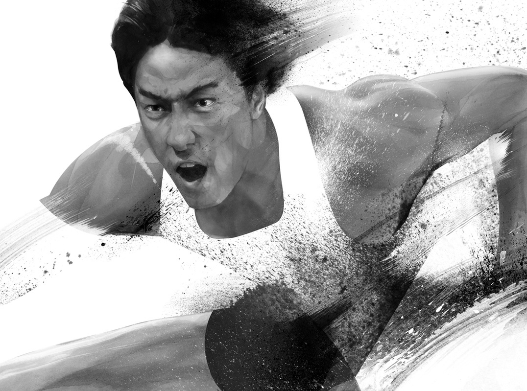 HelloVon www.hellovon.com London illustrator Von — Liu Xiang , David Oliver, Large Nike mural. Sport, action, sports art, contemporary, modern, portrait, painting, ink, watercolour, speed, celebrity, icon, hero, iconic.