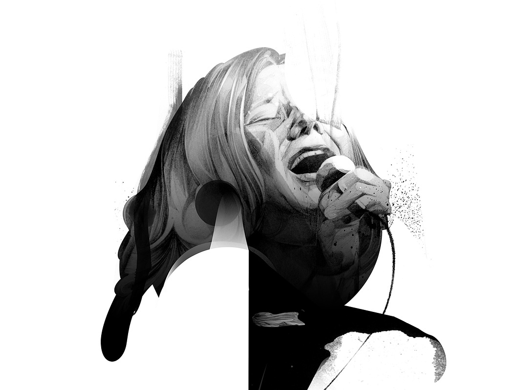 HelloVon Studio www.hellovon.com Leading portrait illustrator. Janis Joplin for Very Elle Non-Format. Illustration, contemporary, atmospheric, modern, motion, music, portrait, painting, ink, celebrity, hero, iconic