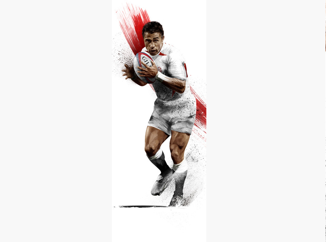 HelloVon Studio www.hellovon.com London illustrator Von — Twickenham campaign illustration. Sport, action, rugby, football, contemporary, modern, portrait, painting, ink, watercolour, celebrity, icon, hero, iconic
