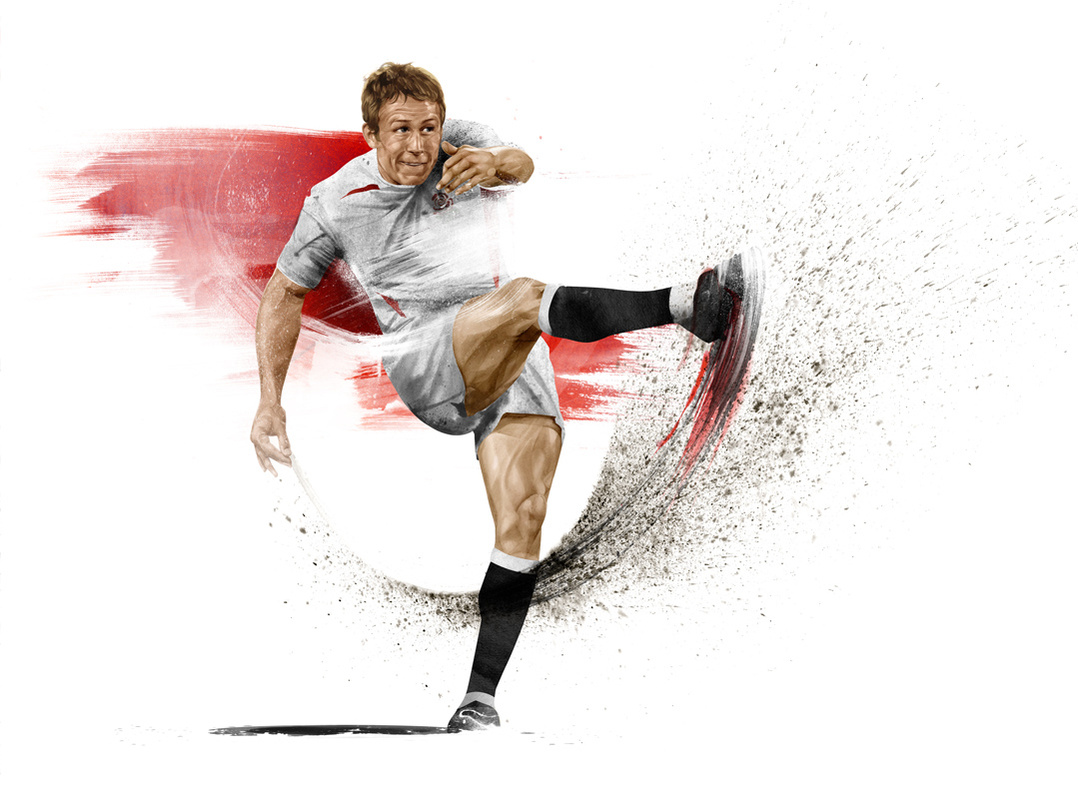 HelloVon Studio www.hellovon.com London illustrator Von — Twickenham campaign illustration. Sport, action, rugby, football, contemporary, modern, portrait, painting, ink, watercolour, celebrity, icon, hero, iconic