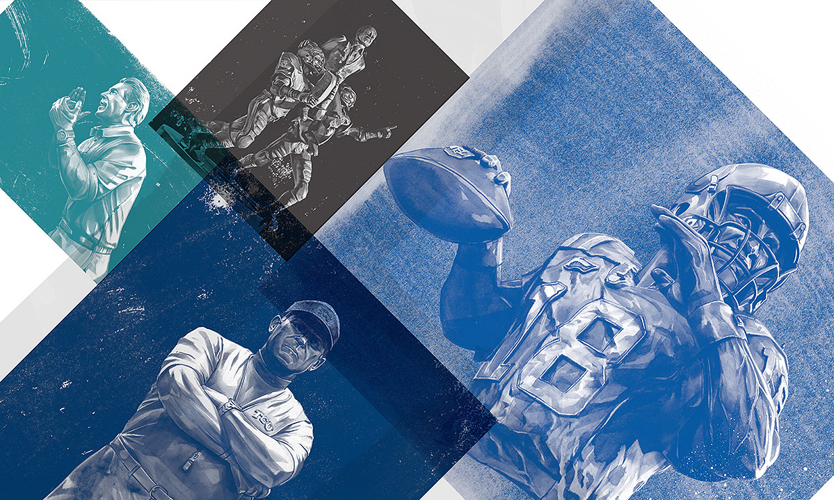 HelloVon Studio for ESPN Magazines. NFL, American football, statues, Sport portrait illustration, American Football, contemporary, modern, painting, ink, watercolour, speed, movement, motion, celebrity, icon, hero, iconic.