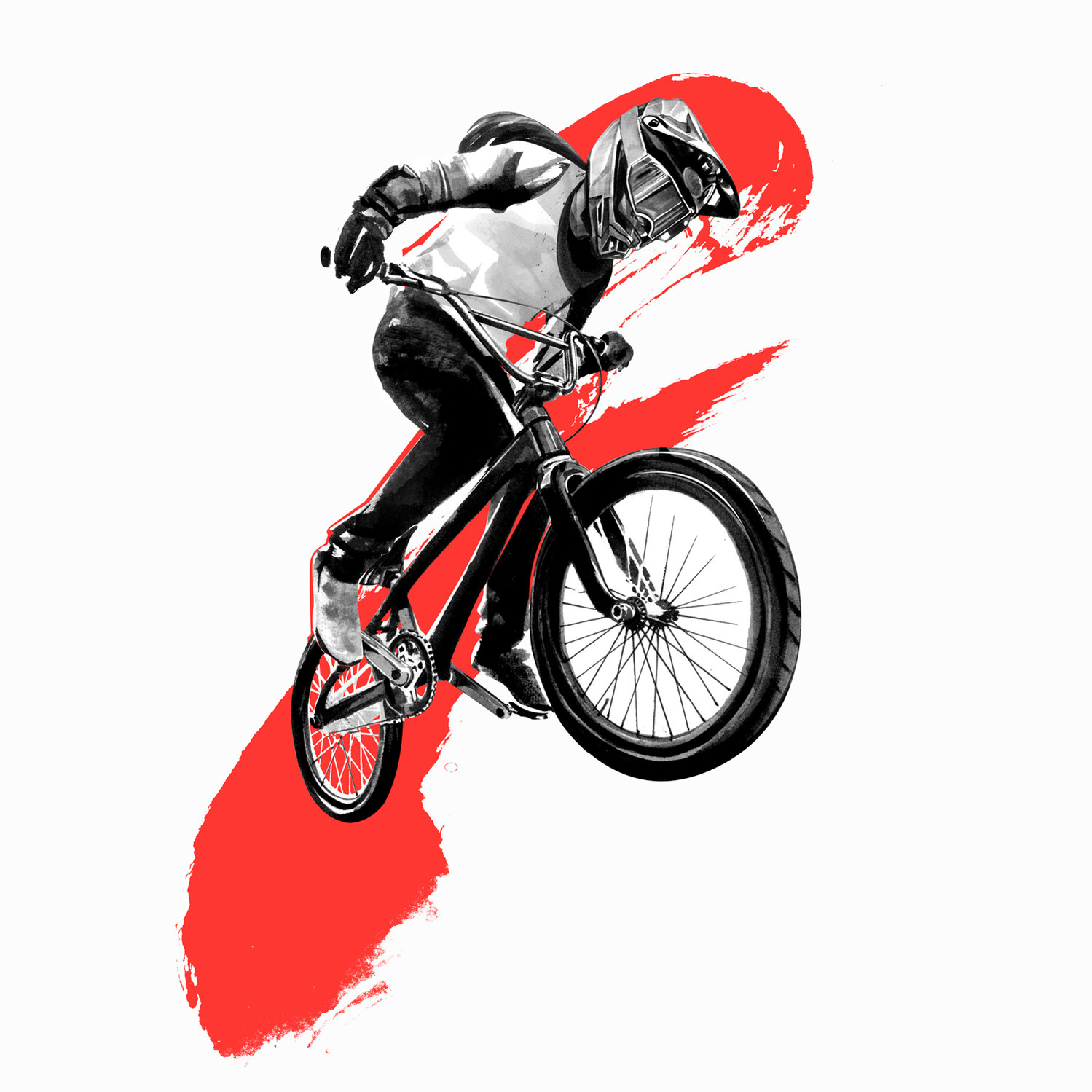 Sae Hatakeyama. Athlete portraits fro Red Bulletin by HelloVon Studio. BMX, Sport portrait illustration, contemporary, modern, painting, ink, drawing, dynamic, speed, movement, motion, celebrity, icon, hero, iconic.