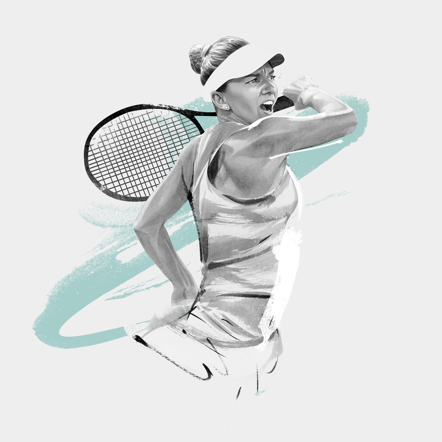 The Dominant 20 for ESPN. Simona Halep by HelloVon Studio. snowboarding, Sport portrait illustration, contemporary, modern, painting, ink, drawing, dynamic, speed, movement, motion, celebrity, icon, hero, iconic.