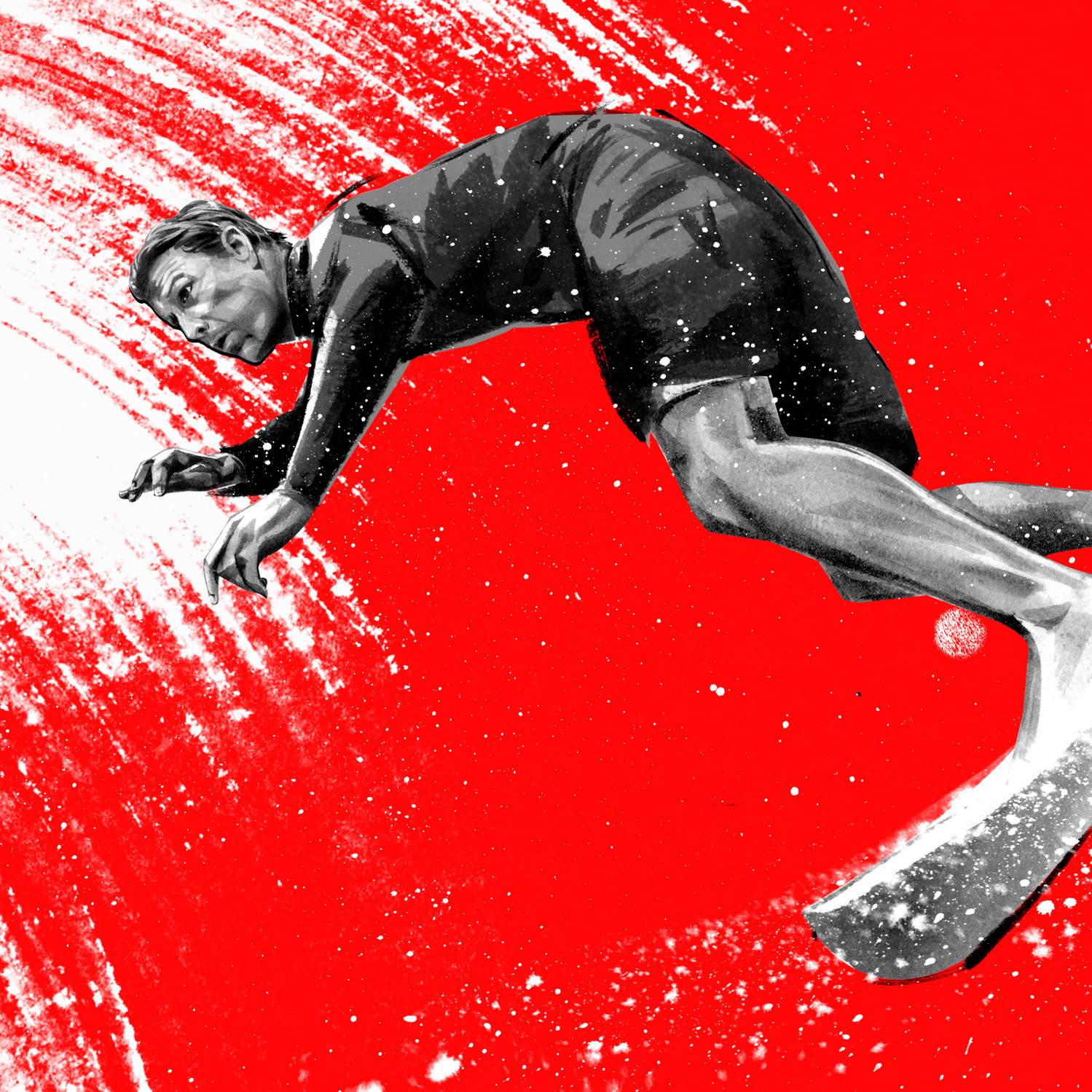 Ian Walsh. Athlete portraits fro Red Bulletin by HelloVon Studio. Surfing, Sport portrait illustration, contemporary, modern, painting, ink, drawing, dynamic, speed, movement, motion, celebrity, icon, hero, iconic.