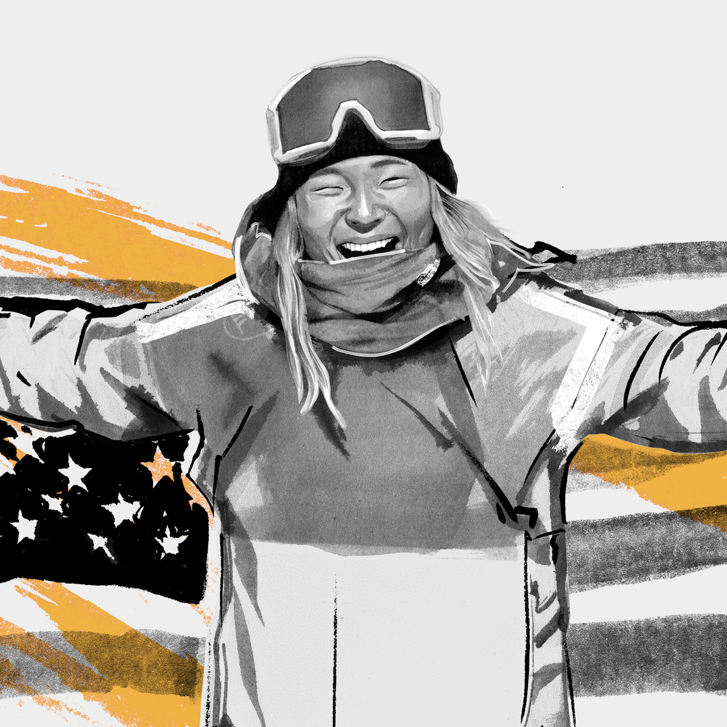 The Dominant 20 for ESPN. Chloe Kim by HelloVon Studio. snowboarding, Sport portrait illustration, contemporary, modern, painting, ink, drawing, dynamic, speed, movement, motion, celebrity, icon, hero, iconic.