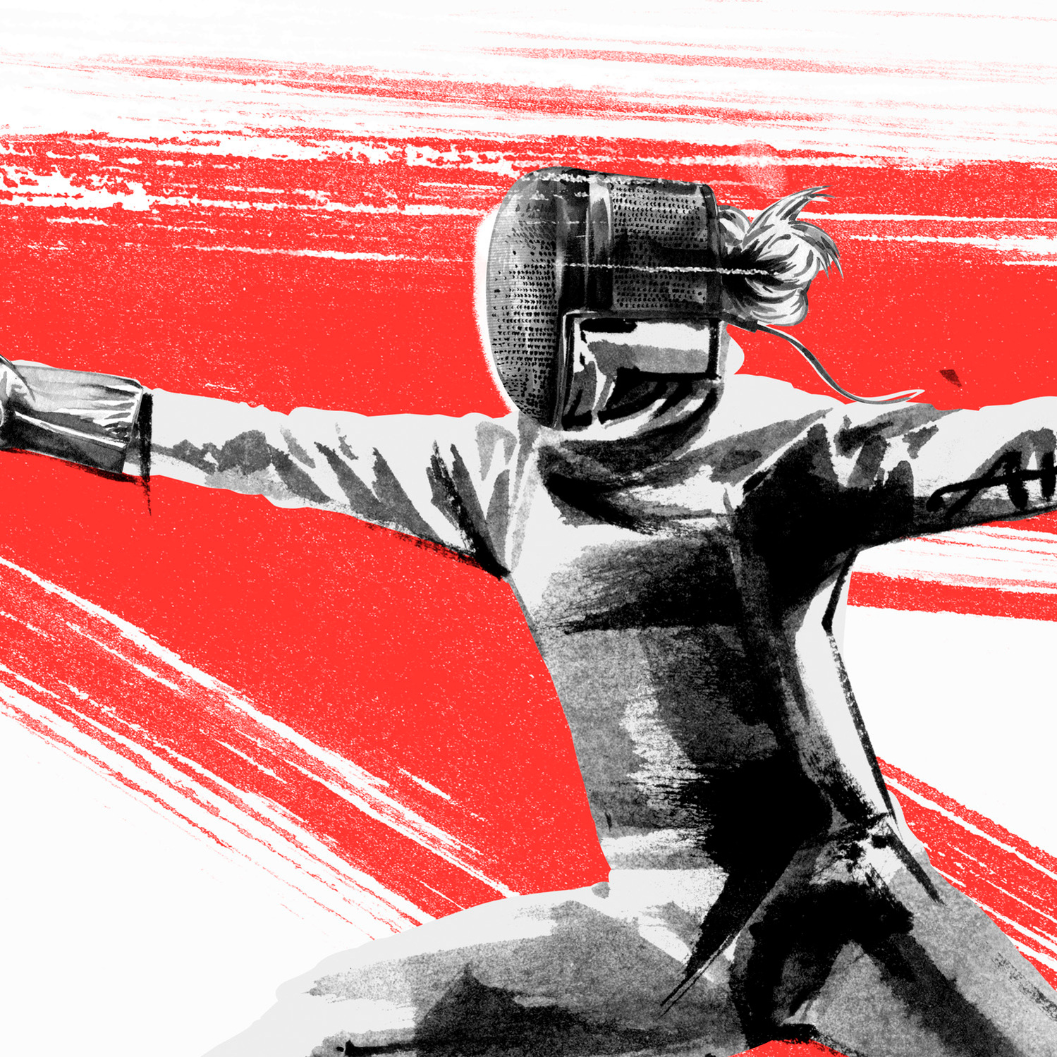 Olga Kharlan. Athlete portraits fro Red Bulletin by HelloVon Studio. Fencing, Sport portrait illustration, contemporary, modern, painting, ink, drawing, dynamic, speed, movement, motion, celebrity, icon, hero, iconic.