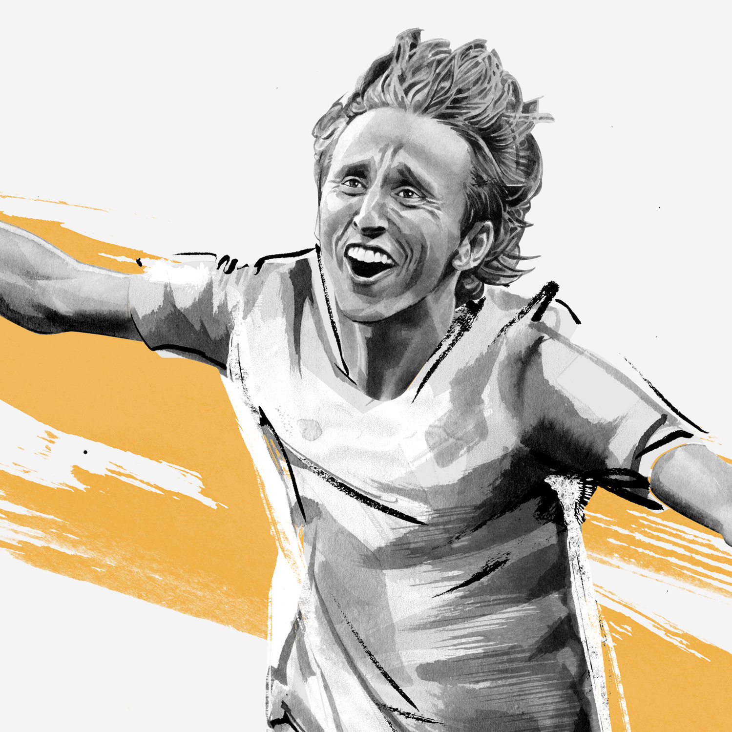 The Dominant 20 for ESPN. Luka Modric by HelloVon Studio. snowboarding, Sport portrait illustration, contemporary, modern, painting, ink, drawing, dynamic, speed, movement, motion, celebrity, icon, hero, iconic.