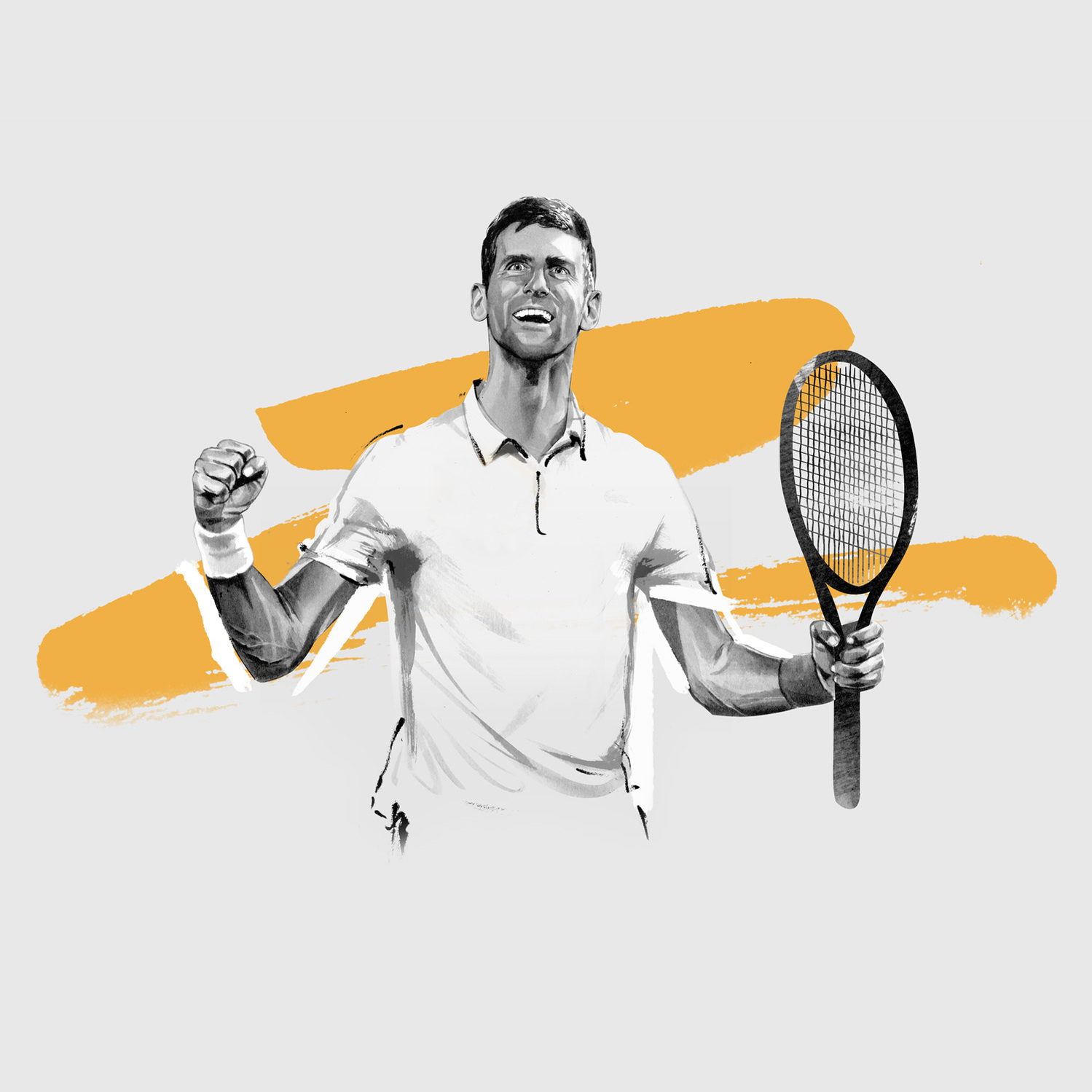 The Dominant 20 for ESPN. Novic Djokovic by HelloVon Studio. snowboarding, Sport portrait illustration, contemporary, modern, painting, ink, drawing, dynamic, speed, movement, motion, celebrity, icon, hero, iconic.