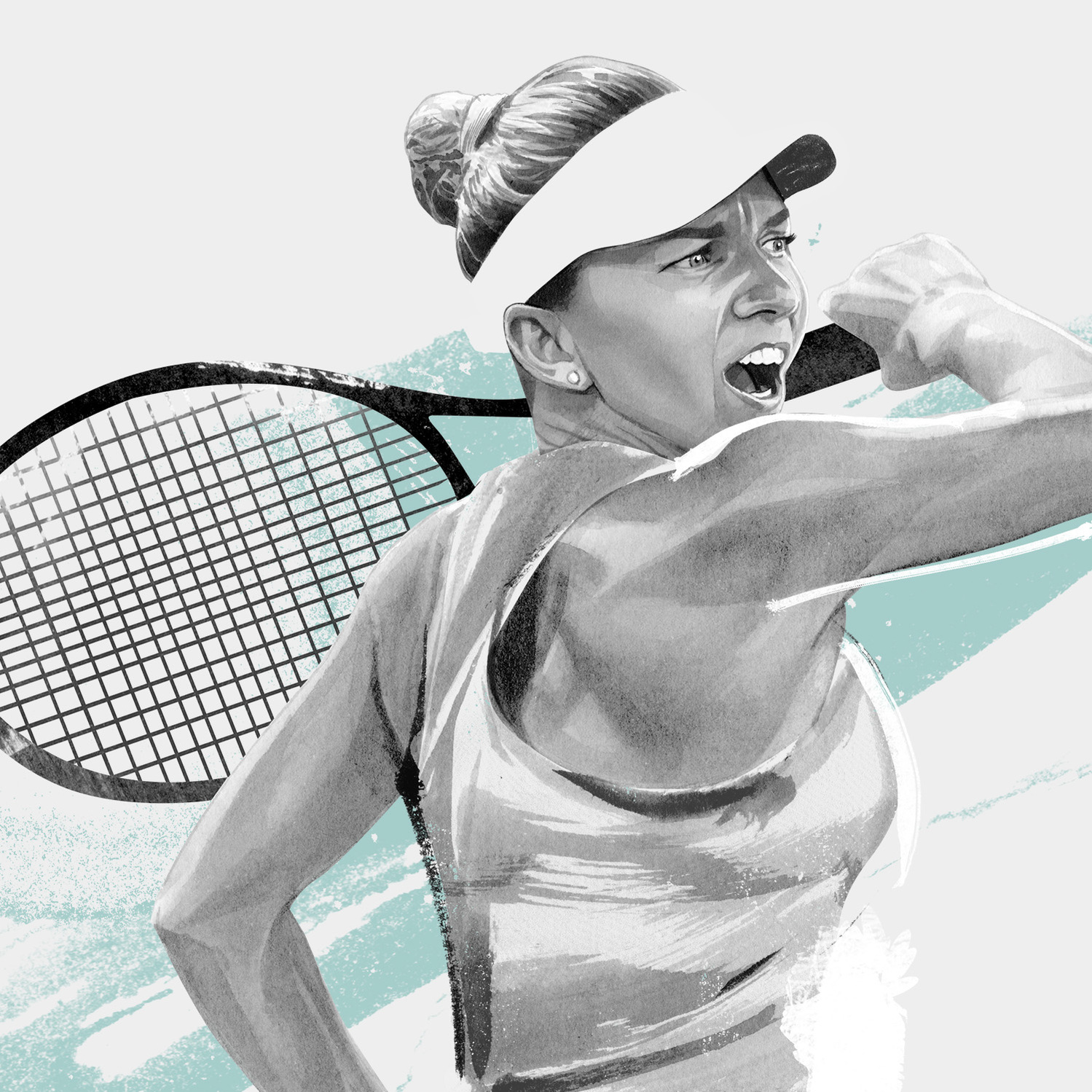 The Dominant 20 for ESPN. Simona Halep by HelloVon Studio. snowboarding, Sport portrait illustration, contemporary, modern, painting, ink, drawing, dynamic, speed, movement, motion, celebrity, icon, hero, iconic.