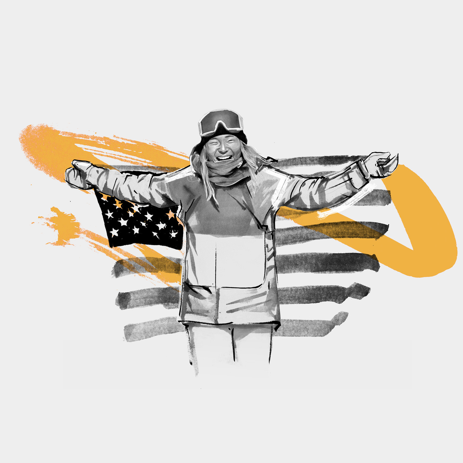 The Dominant 20 for ESPN. Chloe Kim by HelloVon Studio. snowboarding, Sport portrait illustration, contemporary, modern, painting, ink, drawing, dynamic, speed, movement, motion, celebrity, icon, hero, iconic.