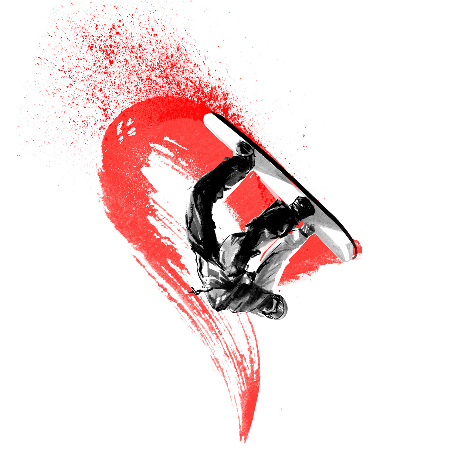Athlete portraits fro Red Bulletin by HelloVon Studio. Snowboarding , Sport portrait illustration, contemporary, modern, painting, ink, drawing, dynamic, speed, movement, motion, celebrity, icon, hero, iconic.