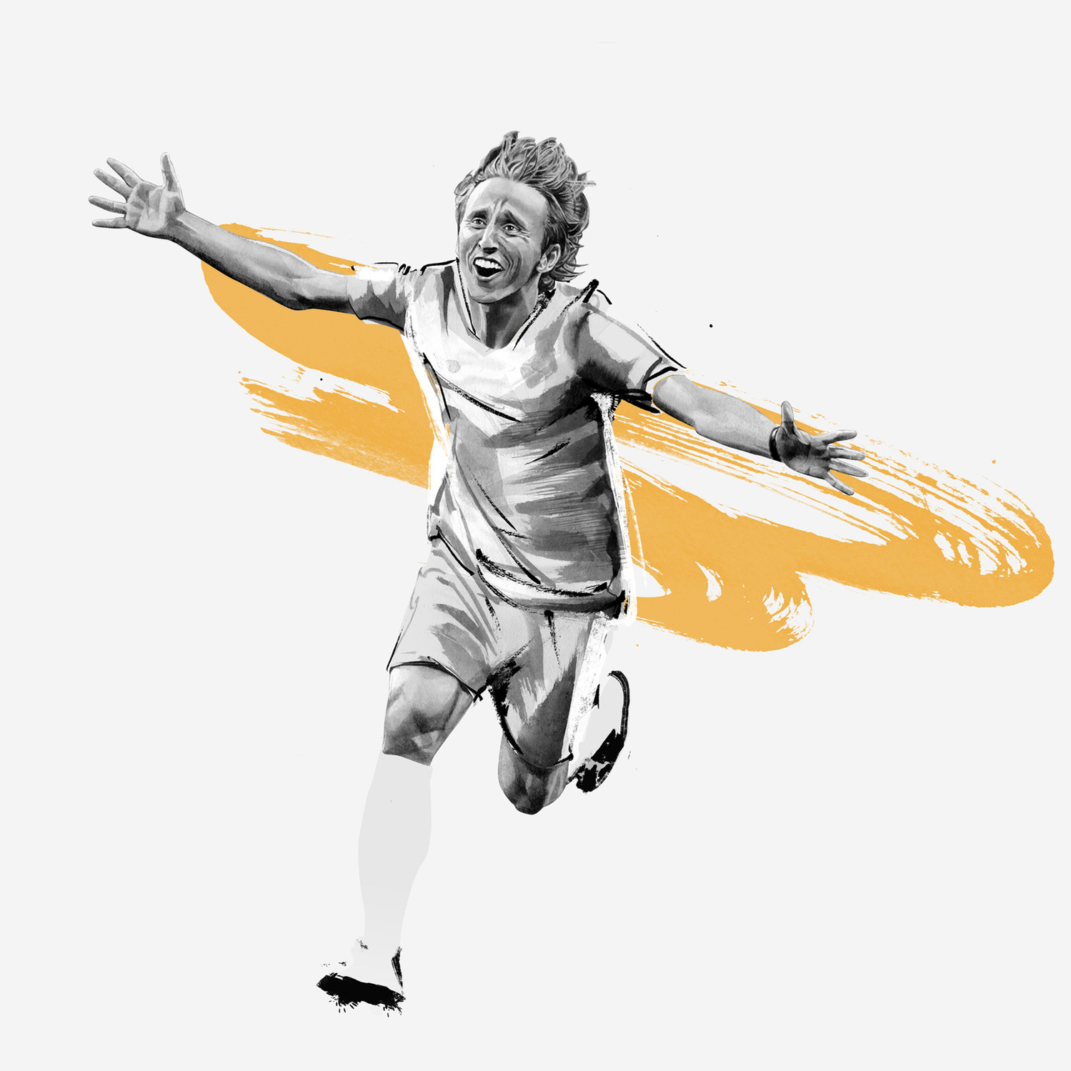 The Dominant 20 for ESPN. Luka Modric by HelloVon Studio. snowboarding, Sport portrait illustration, contemporary, modern, painting, ink, drawing, dynamic, speed, movement, motion, celebrity, icon, hero, iconic.