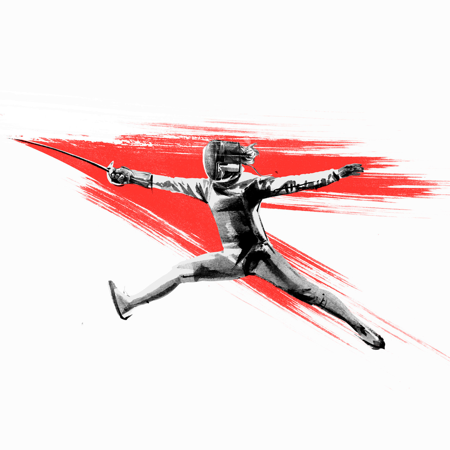 Olga Kharlan. Athlete portraits fro Red Bulletin by HelloVon Studio. Fencing, Sport portrait illustration, contemporary, modern, painting, ink, drawing, dynamic, speed, movement, motion, celebrity, icon, hero, iconic.