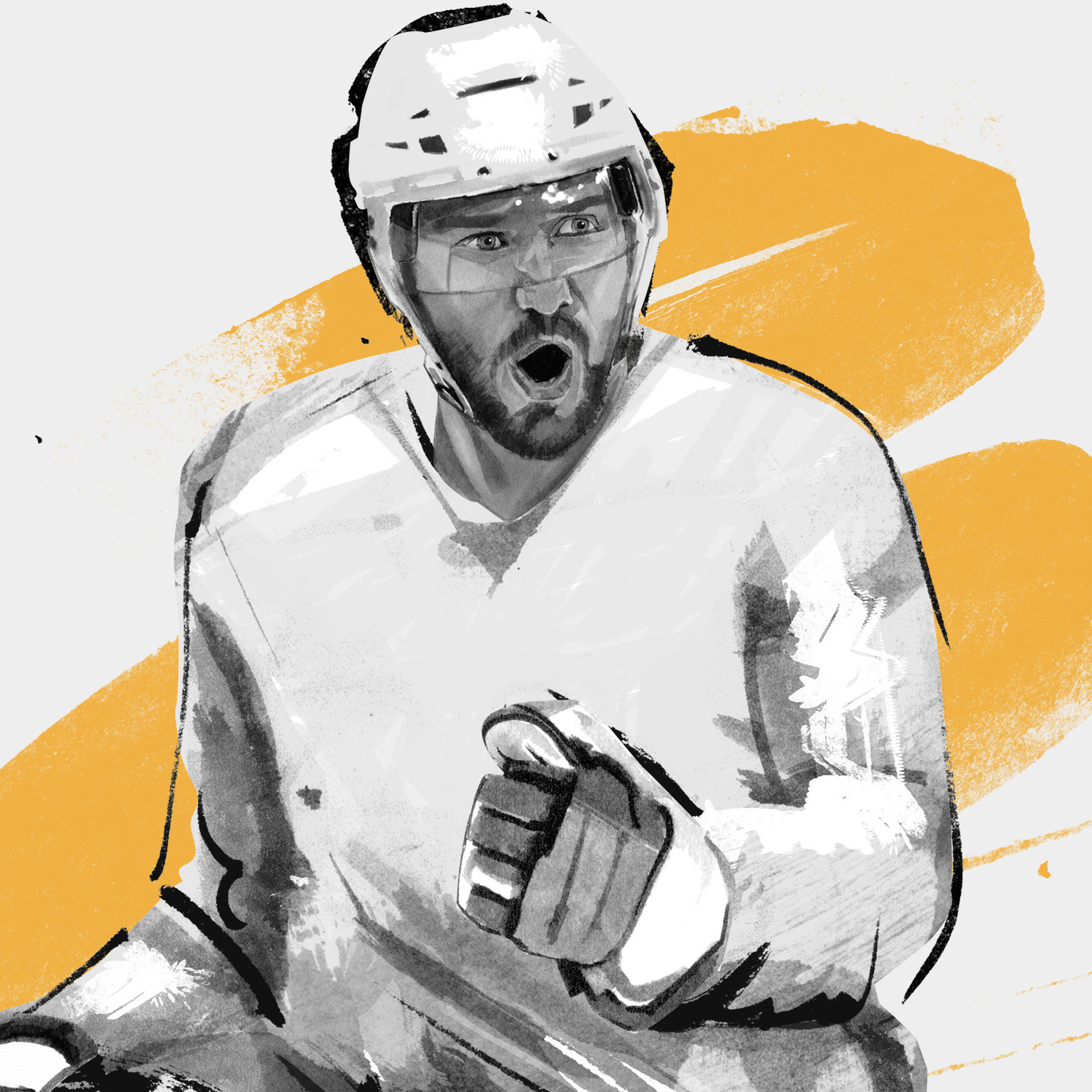 The Dominant 20 for ESPN. Alex Ovechkin by HelloVon Studio. snowboarding, Sport portrait illustration, contemporary, modern, painting, ink, drawing, dynamic, speed, movement, motion, celebrity, icon, hero, iconic.