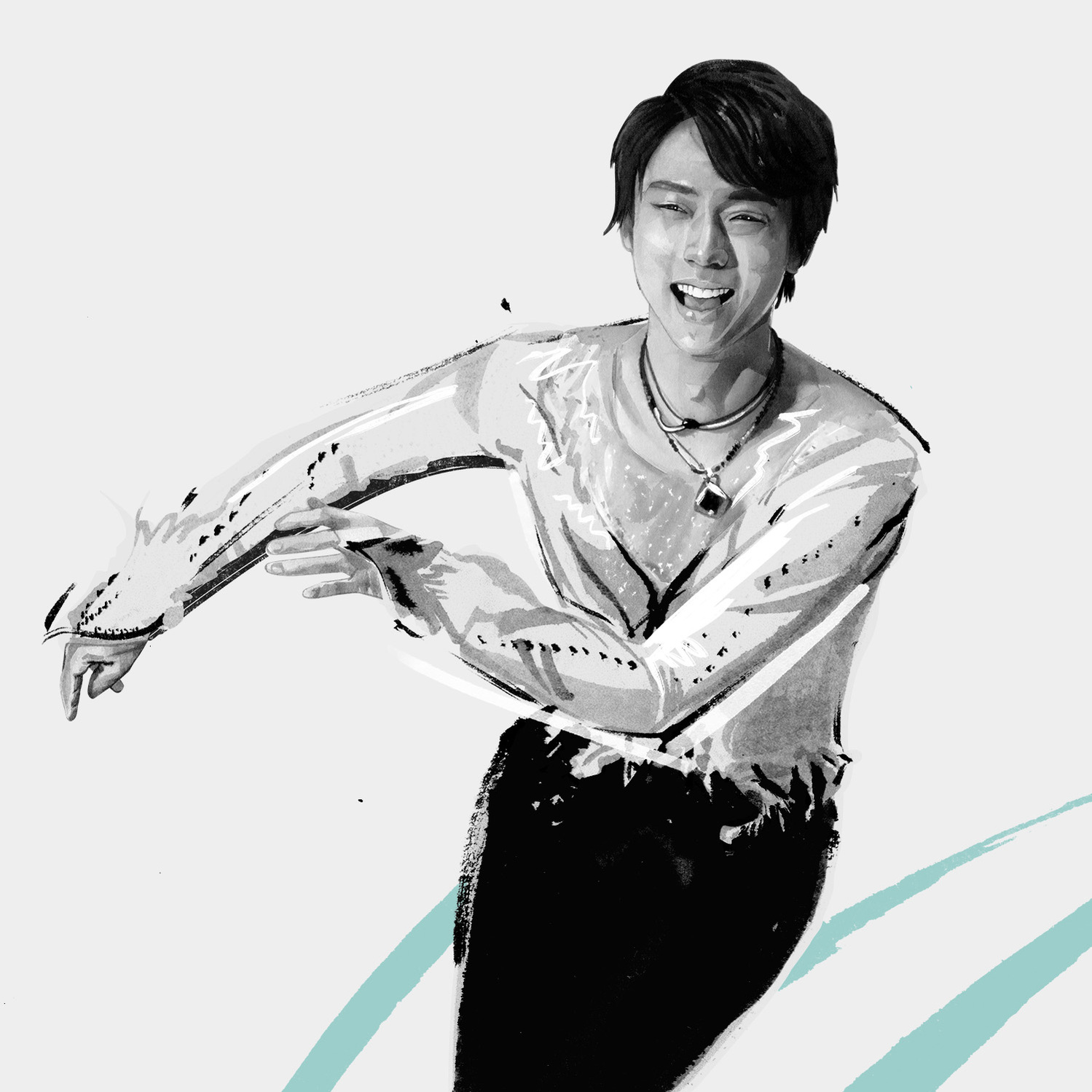 The Dominant 20 for ESPN. YUZURU HANYU by HelloVon Studio. snowboarding, Sport portrait illustration, contemporary, modern, painting, ink, drawing, dynamic, speed, movement, motion, celebrity, icon, hero, iconic.