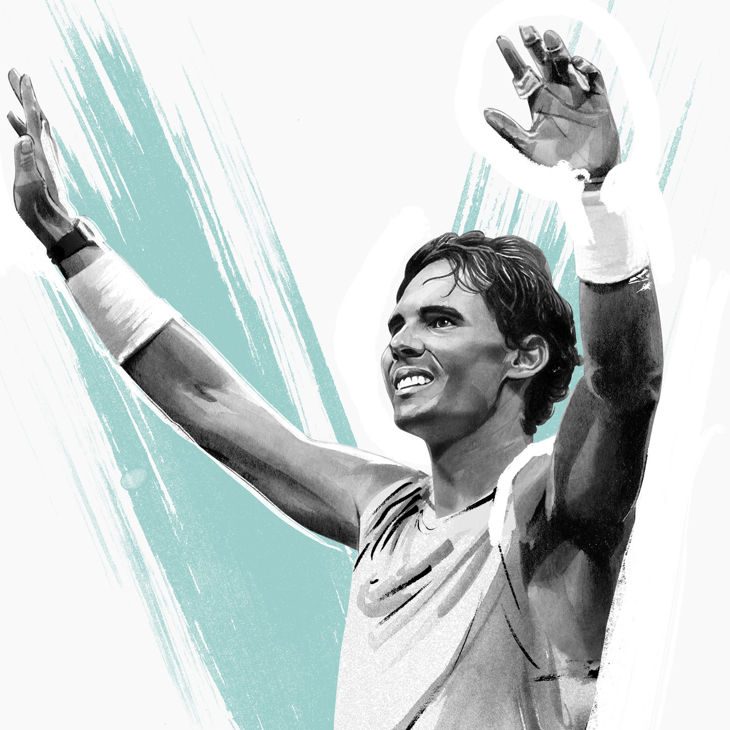 The Dominant 20 for ESPN. Roger Federer by HelloVon Studio. snowboarding, Sport portrait illustration, contemporary, modern, painting, ink, drawing, dynamic, speed, movement, motion, celebrity, icon, hero, iconic.
