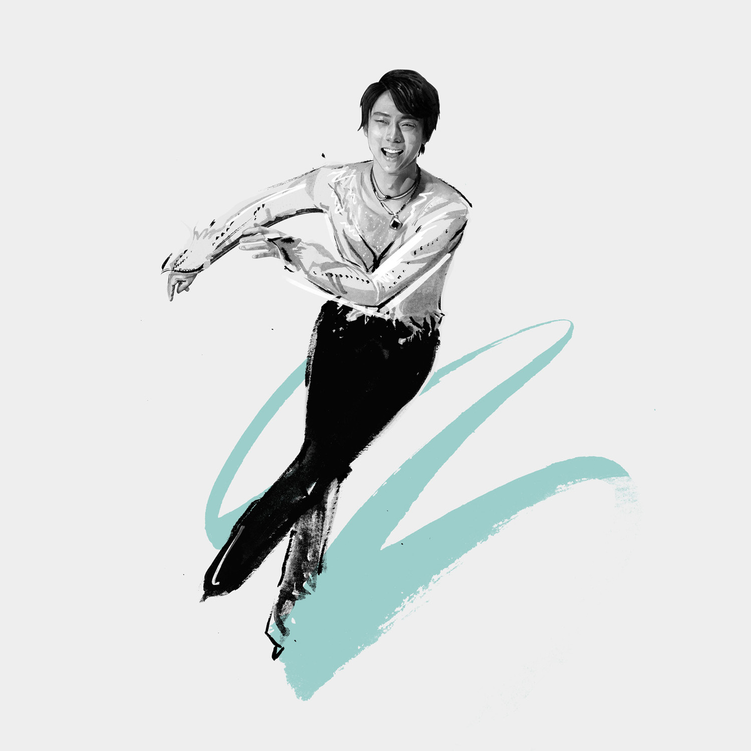 The Dominant 20 for ESPN. YUZURU HANYU by HelloVon Studio. snowboarding, Sport portrait illustration, contemporary, modern, painting, ink, drawing, dynamic, speed, movement, motion, celebrity, icon, hero, iconic.