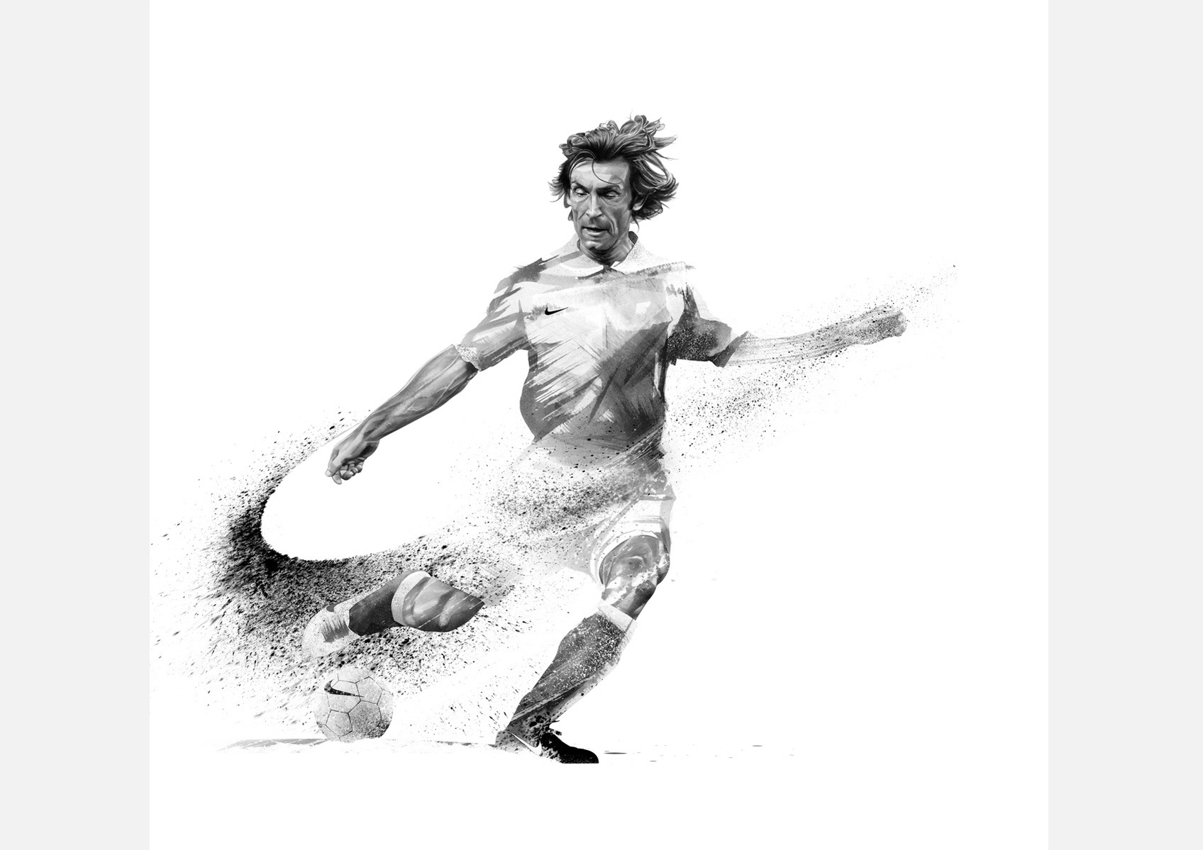 HelloVon Studio www.hellovon.com Leading sports and portrait illustrator. Nike Andrea Pirlo Tiempo Football Boot campaign. contemporary, soccor, action, modern, motion, portrait, painting, ink, watercolour, cool, celebrity,