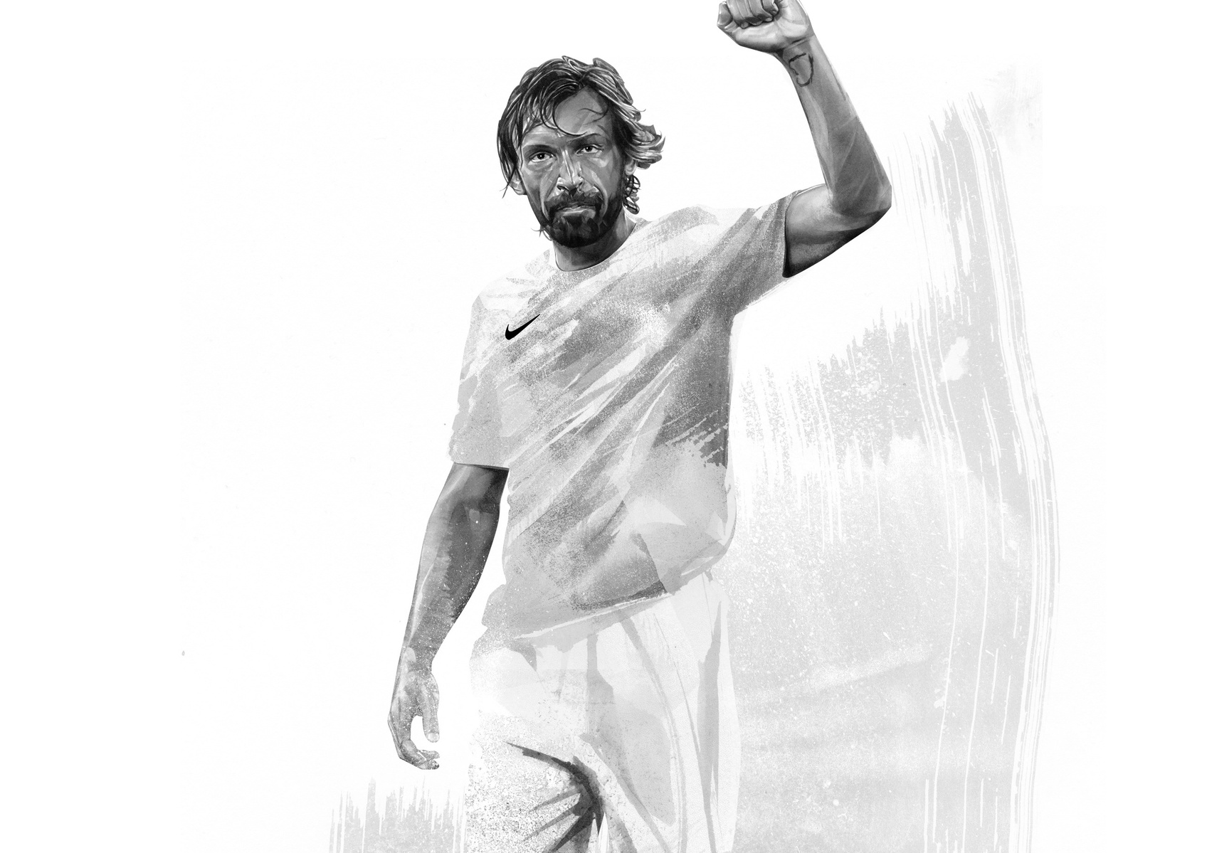 HelloVon Studio www.hellovon.com Leading sports and portrait illustrator. Nike Andrea Pirlo Tiempo Football Boot campaign. contemporary, soccor, action, modern, motion, portrait, painting, ink, watercolour, cool, celebrity,