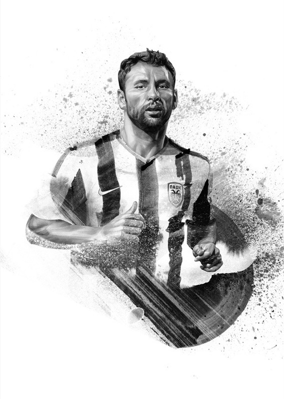 HelloVon Studio www.hellovon.com, leading portrait illustrator. PAOK Football Cover. Contemporary illustration, power, sport, modern, motion, movement, brush, colour, painting, ink, watercolour, celebrity, icon, hero, iconic.