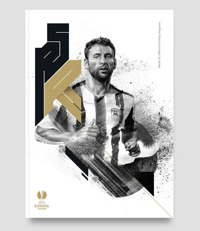 HelloVon Studio www.hellovon.com, leading portrait illustrator. PAOK Football Cover. Contemporary illustration, power, sport, modern, motion, movement, brush, colour, painting, ink, watercolour, celebrity, icon, hero, iconic.