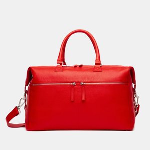 Red leather designer travel hand bag with strap and silver metal zipper pockets
