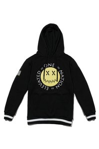 black hoodie sweatshirt laid flat on white background with a graphic of a smiley face with x for eyes