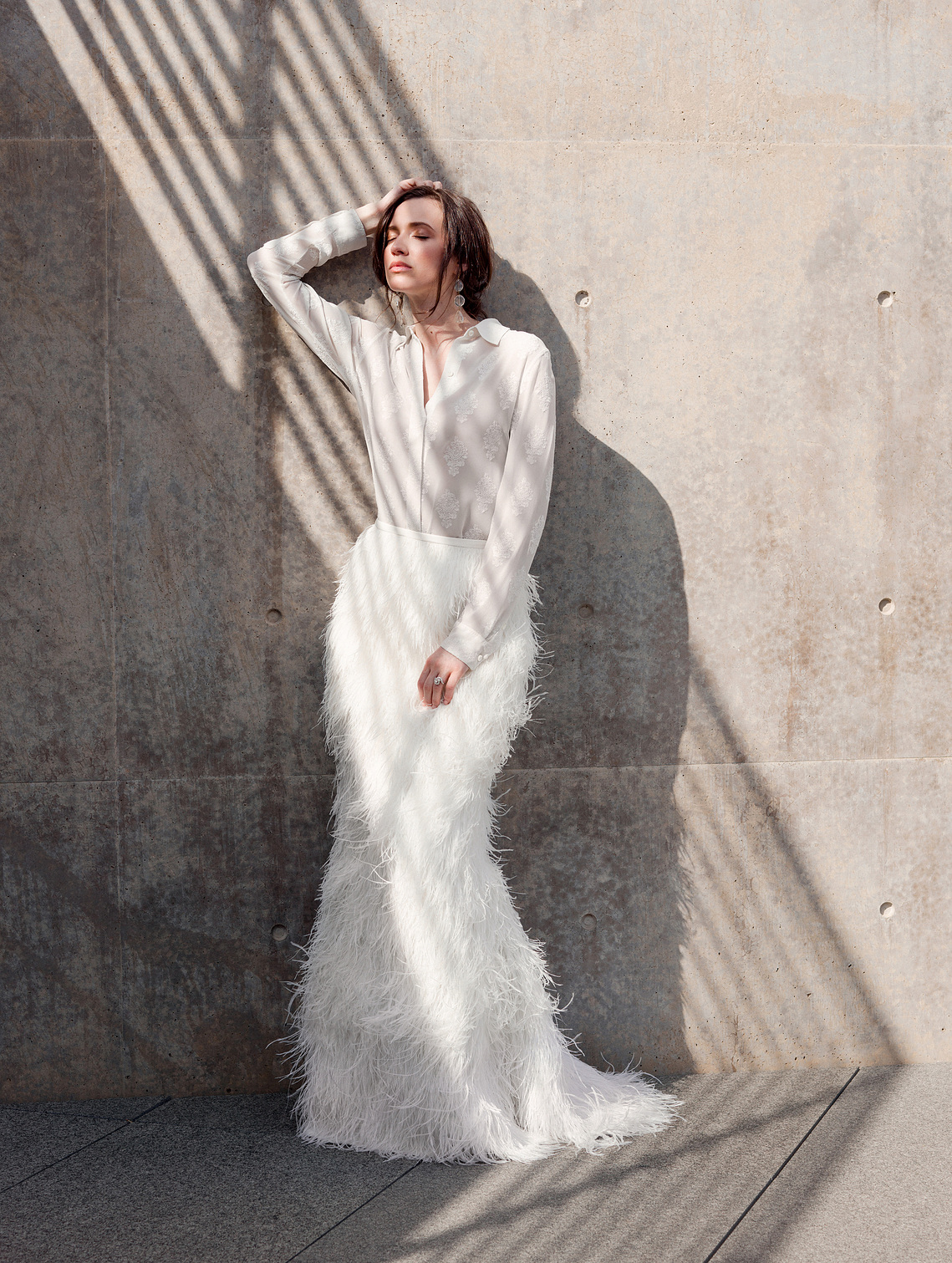 Sara Donaldson Photography | Ostrich feather skirt by SWEAR, Kristen Hayes Jewelry earrings, photography with shadow, bridal separates, Fort Worth wedding photographer 