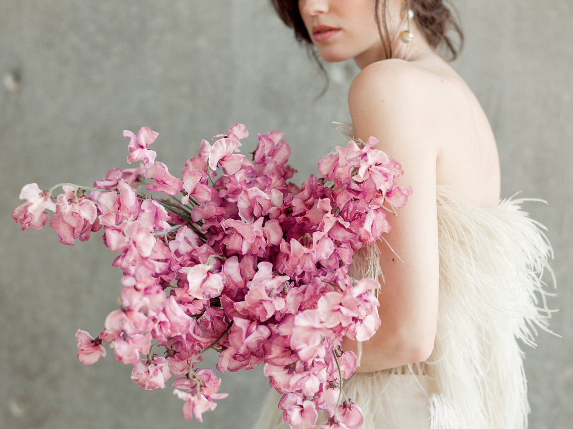 Sara Donaldson Photography | Sweet pea bridal bouquet, unique bridal bouquet, bridal separates, ostrich feather bridal, monochromatic bouquet, mauve bouquet, pink flowers