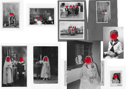 Conglomerate of archive old pictures where the people have all their faces covered in red painting