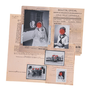 Collage of archive and old letters from 1939 portraying propaganda covered by portraits of people with red faces