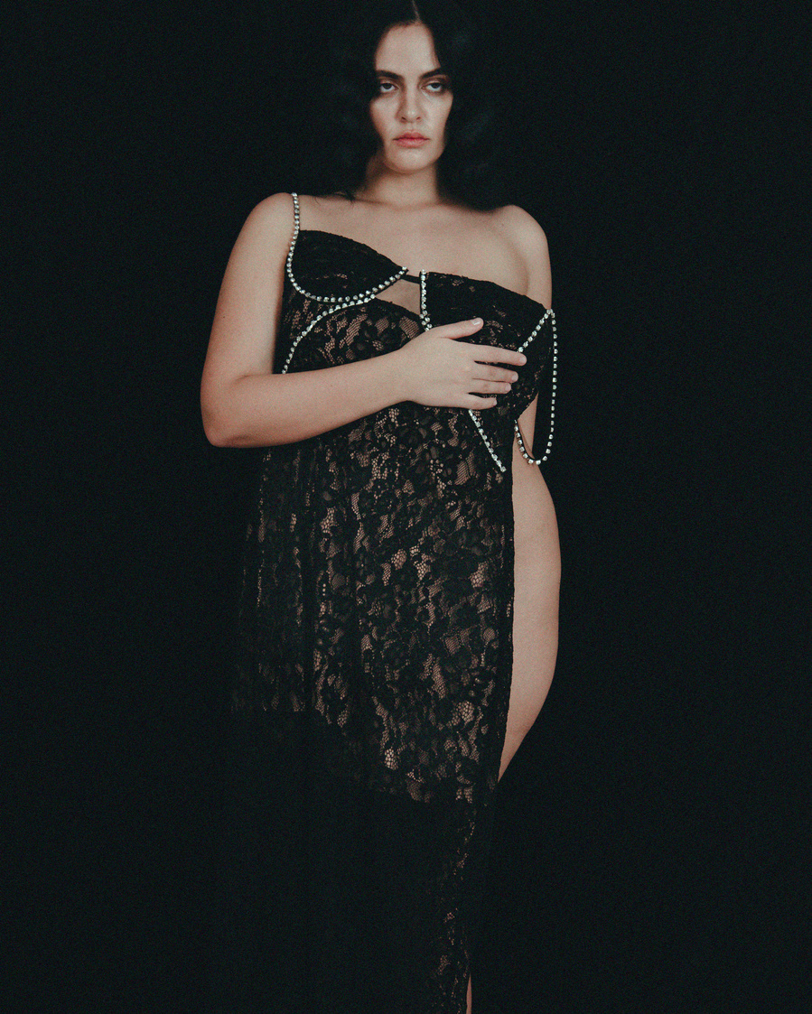 body positivity editorial photoshoot by Maria Magdalinou for vogue greece model wearing self-portrait  dress 