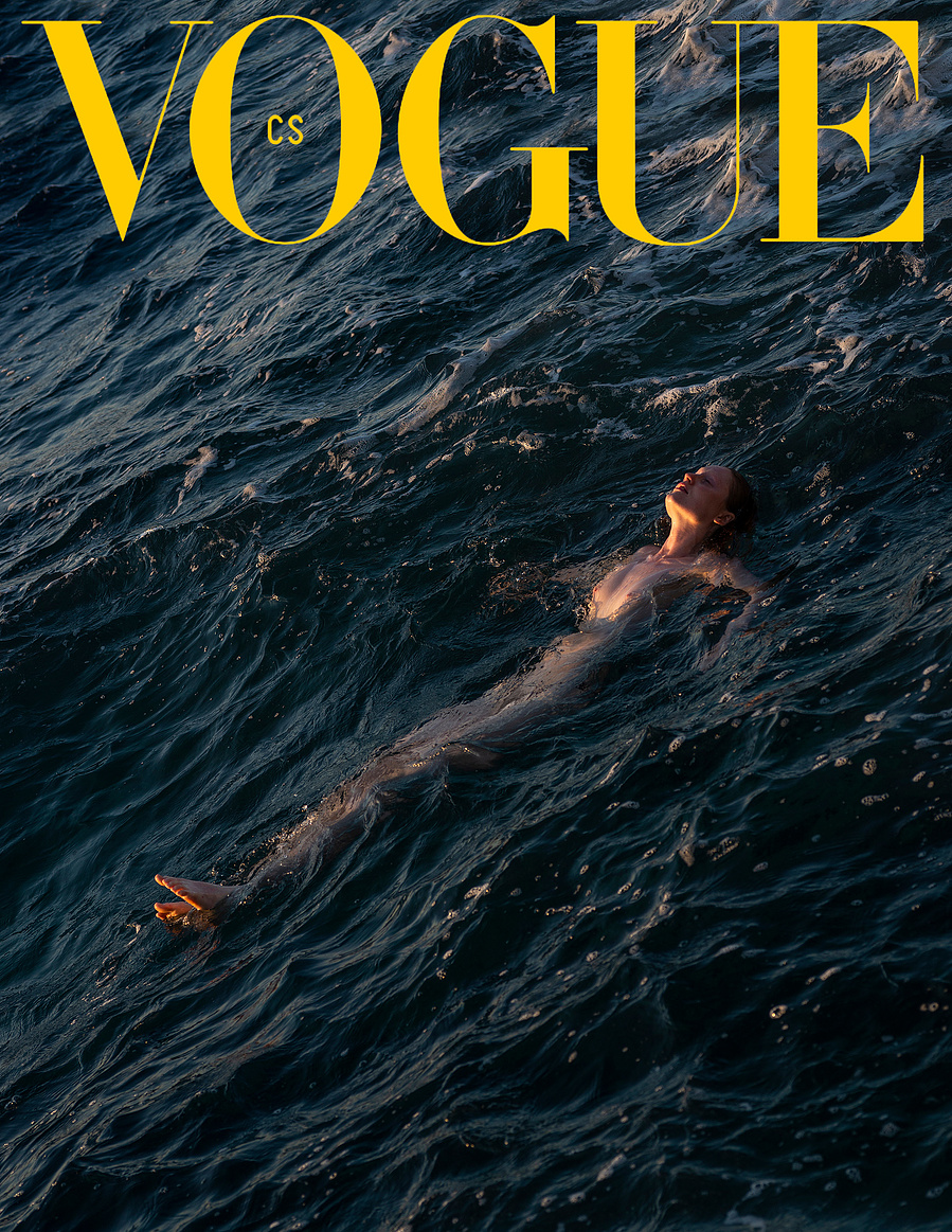 Vogue CS cover model in the sea summer editorial in Hydra Greece by photographer Maria Magdalinou