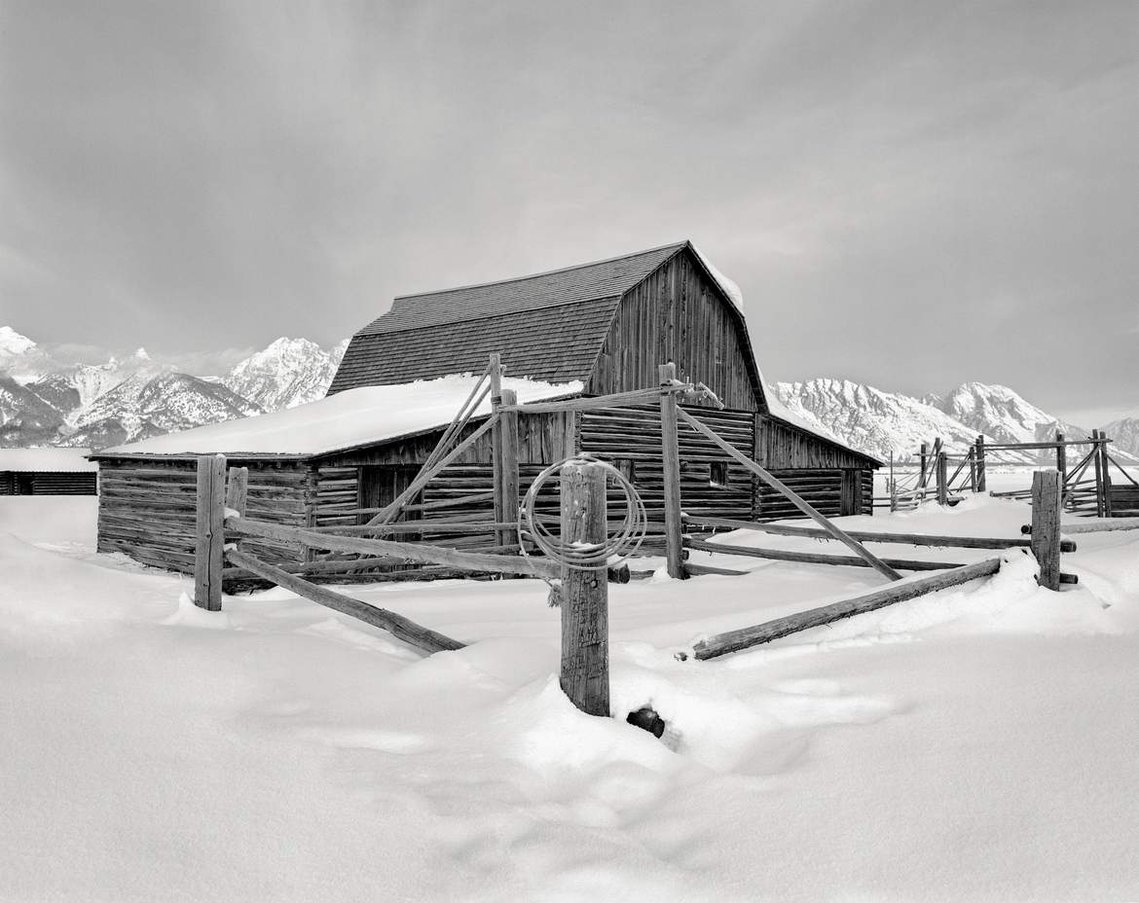 Fine art photograph of barn covered in snow in Grand Teton National Park. Western artwork of old barn captured in Wyoming. Sleeping Giant artwork.