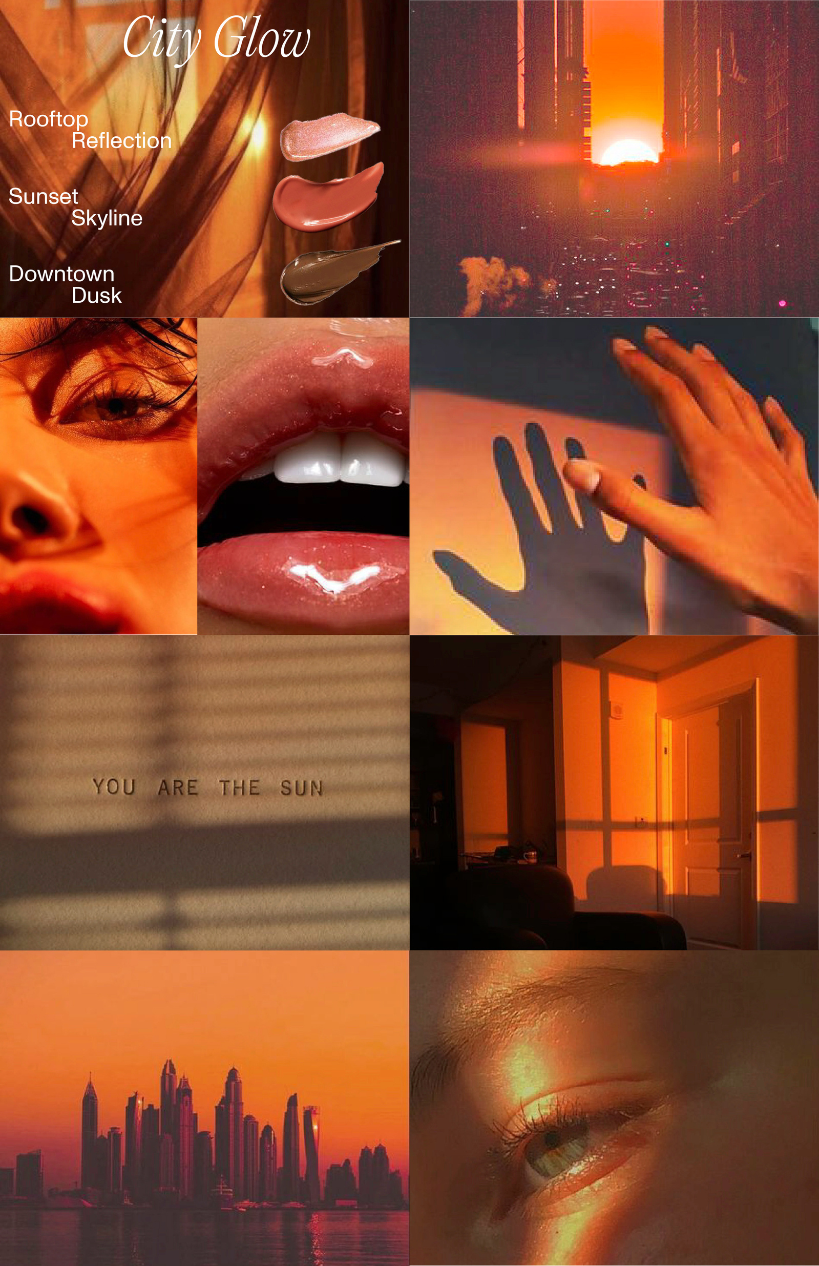This photoshoot captures the dynamic hues of the skyline, with warm glows, soft shadows, and shimmering reflections that mirror the shades of the glosses.