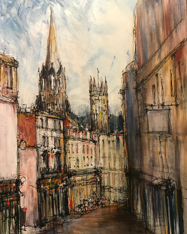 Bath, Somerset. A large 1m canvas with fast and fluid structural ink works. 