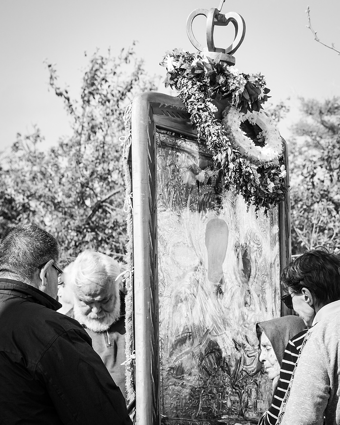 The Icon of Panagia Myrtidiodissa being carried through the villages at Easter time in Kythira Greece
